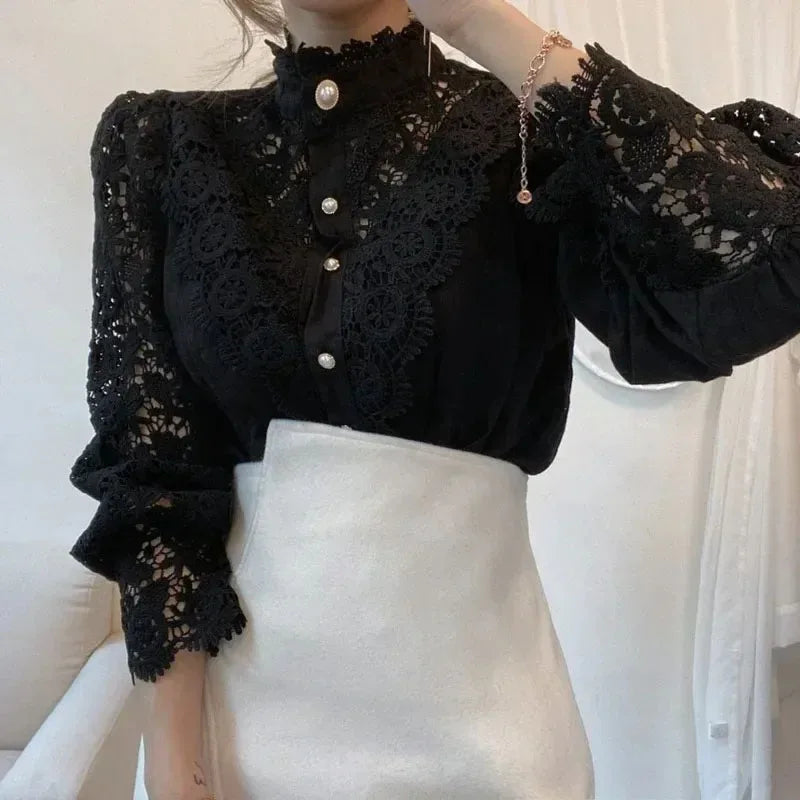 Vintage Lace Hollow Floral Blouse – Stand Collar Button-Up Long Sleeve Shirt for Women