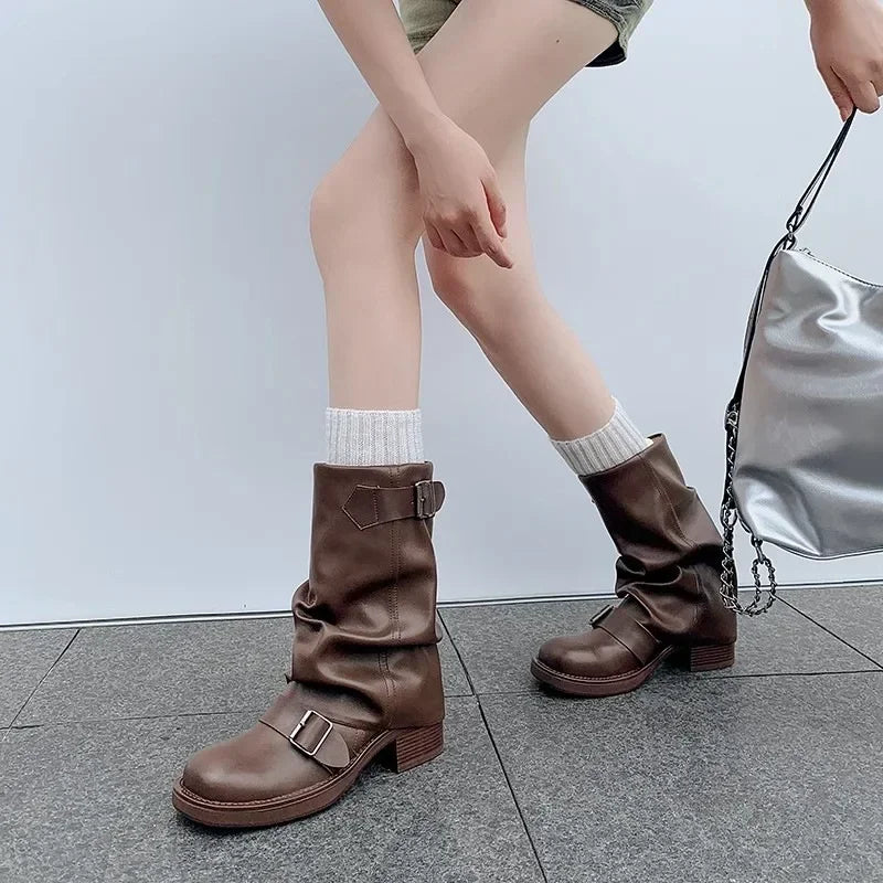 Women's Pleated Slip-On Knight Boots – Brown PU Leather Mid-Calf Riding Boots with Buckle and Thick Heel