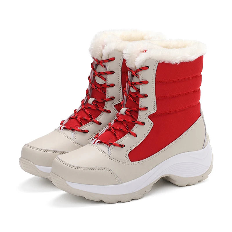 Women's Mid-Calf Winter Boots – Warm Plush Lined Platform Boots with Wedge Heel and Lace-Up Design