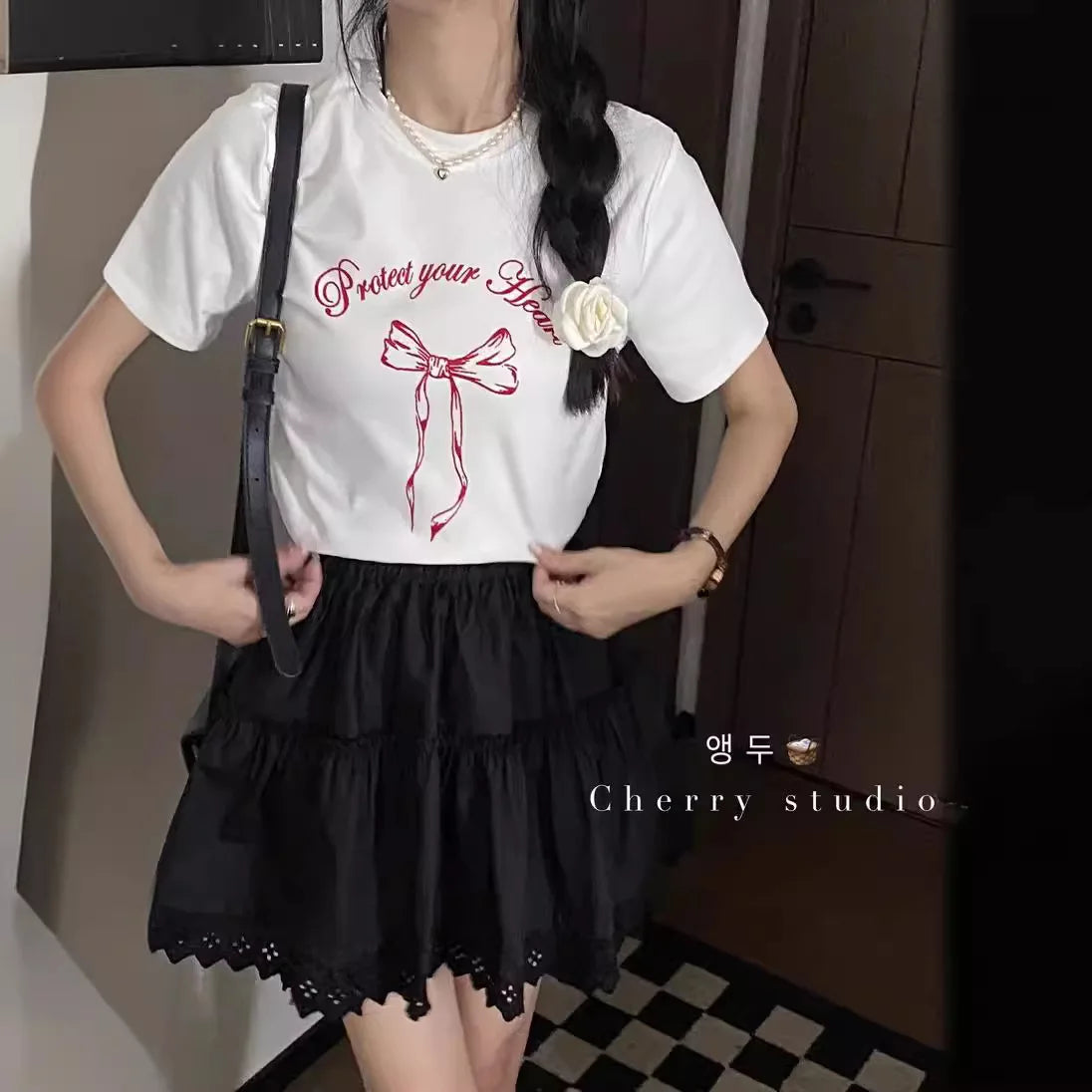 Summer Cotton Printed O-Neck T-Shirt for Women – Korean Y2K Style Casual Short Sleeve Loose Fit Tee
