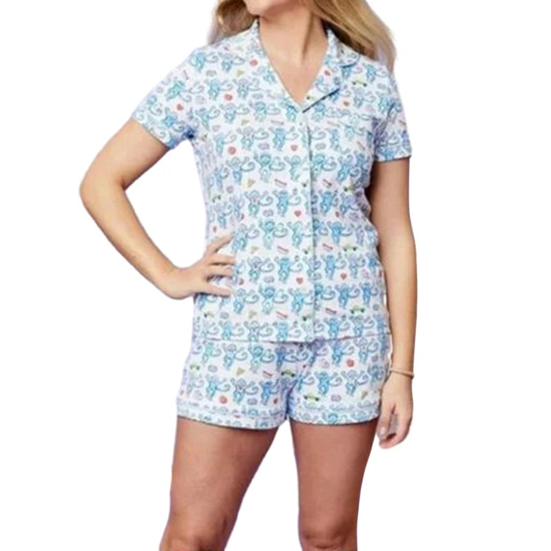 Women's Kawaii Cartoon Print Pajama Set – Y2K Short Sleeve Button-Up Shirt and Shorts Sleepwear for Summer Loungewear