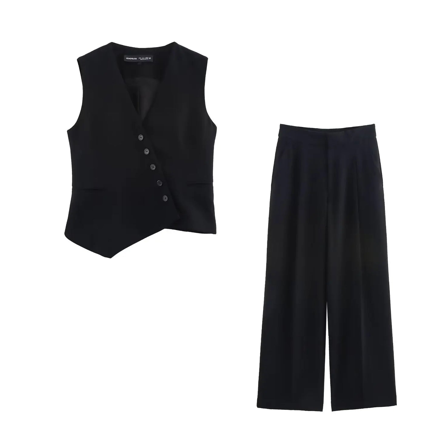 Women's Asymmetrical V-Neck Suit Waistcoat & High-Waisted Trousers – Elegant 2-Piece Office Lady Set