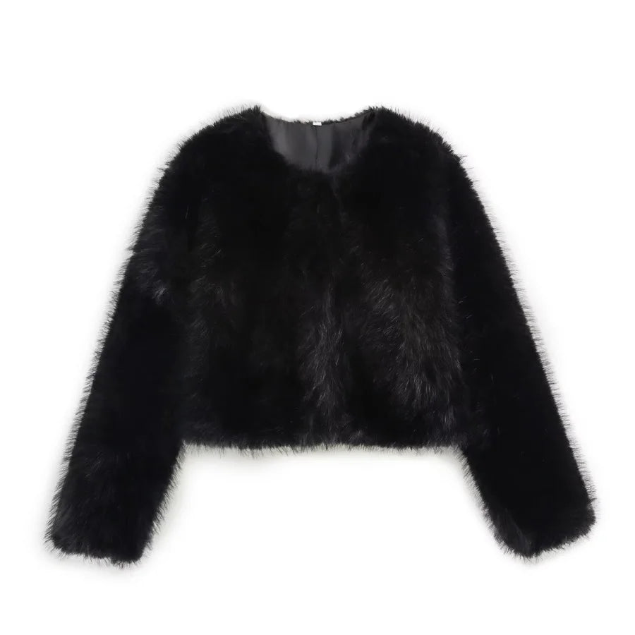 Women's Faux Fur Short Jacket – Round Neck Button-Up Coat for Autumn/Winter
