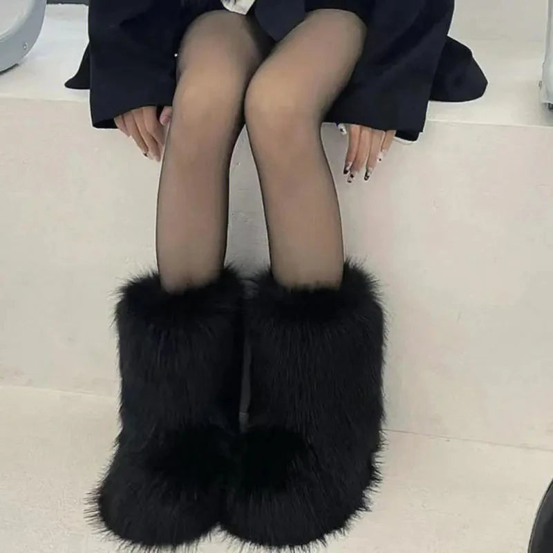 Women's Faux Fur Winter Snow Boots – Mid-Calf Plush Furry Slip-On Boots with Warm Lining and Rubber Sole