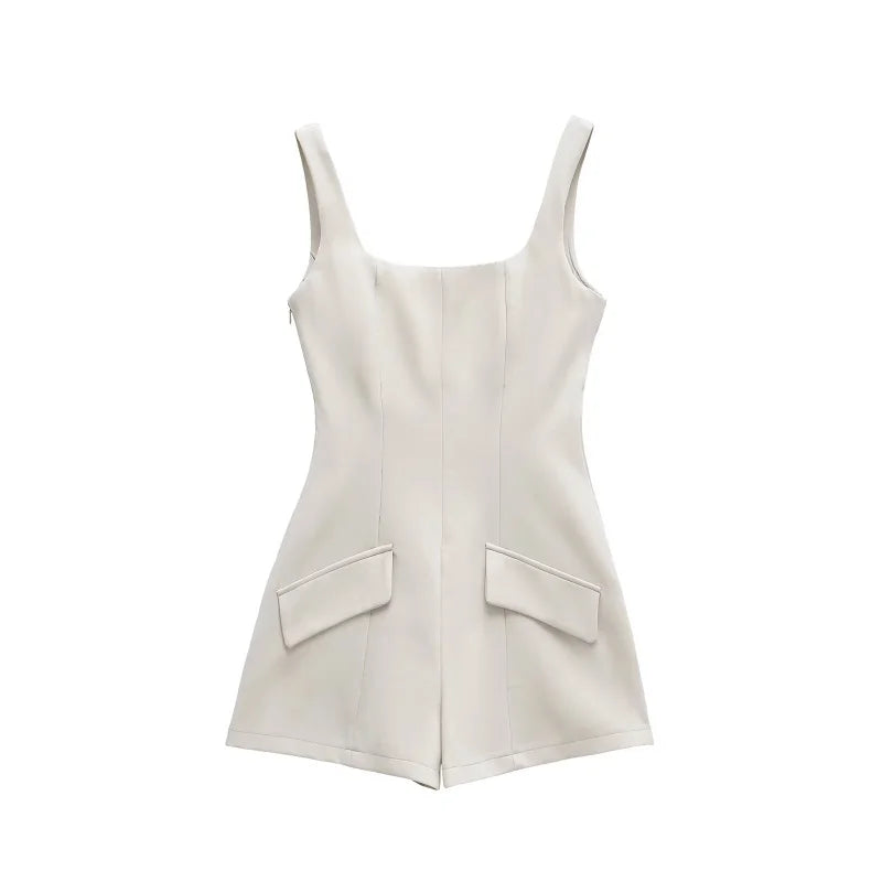 Women's Preppy A-Line Square Neck Rompers – Sleeveless Short Playsuit with Pockets for Summer
