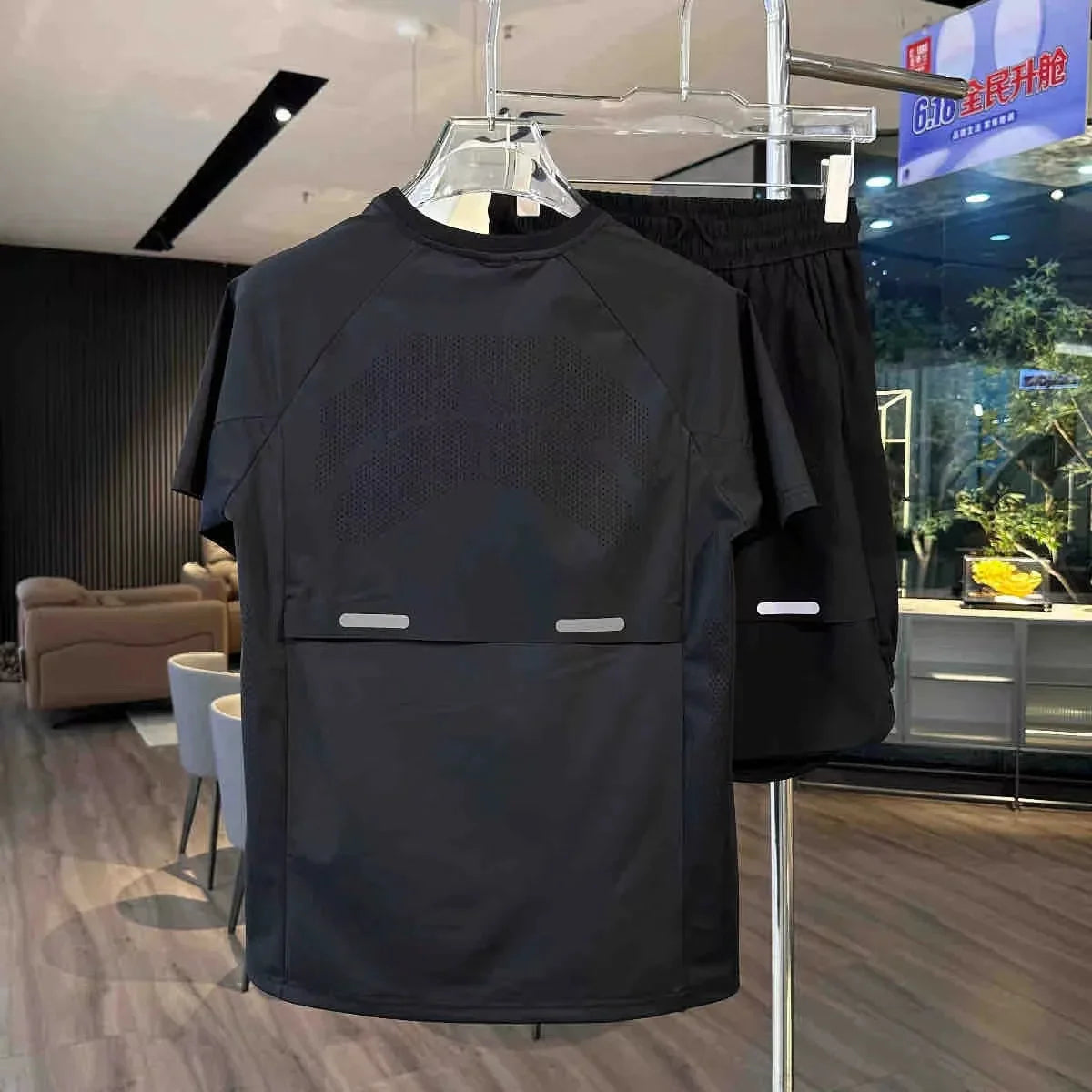 Summer Men's Ice Silk Two-Piece Set – Breathable Perforated Short Sleeve Top and Quick-Dry Shorts for Sports and Leisure