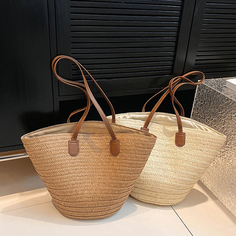 Women's Boho Straw Beach Tote – Large Capacity Woven Shoulder Bag with Zipper Closure