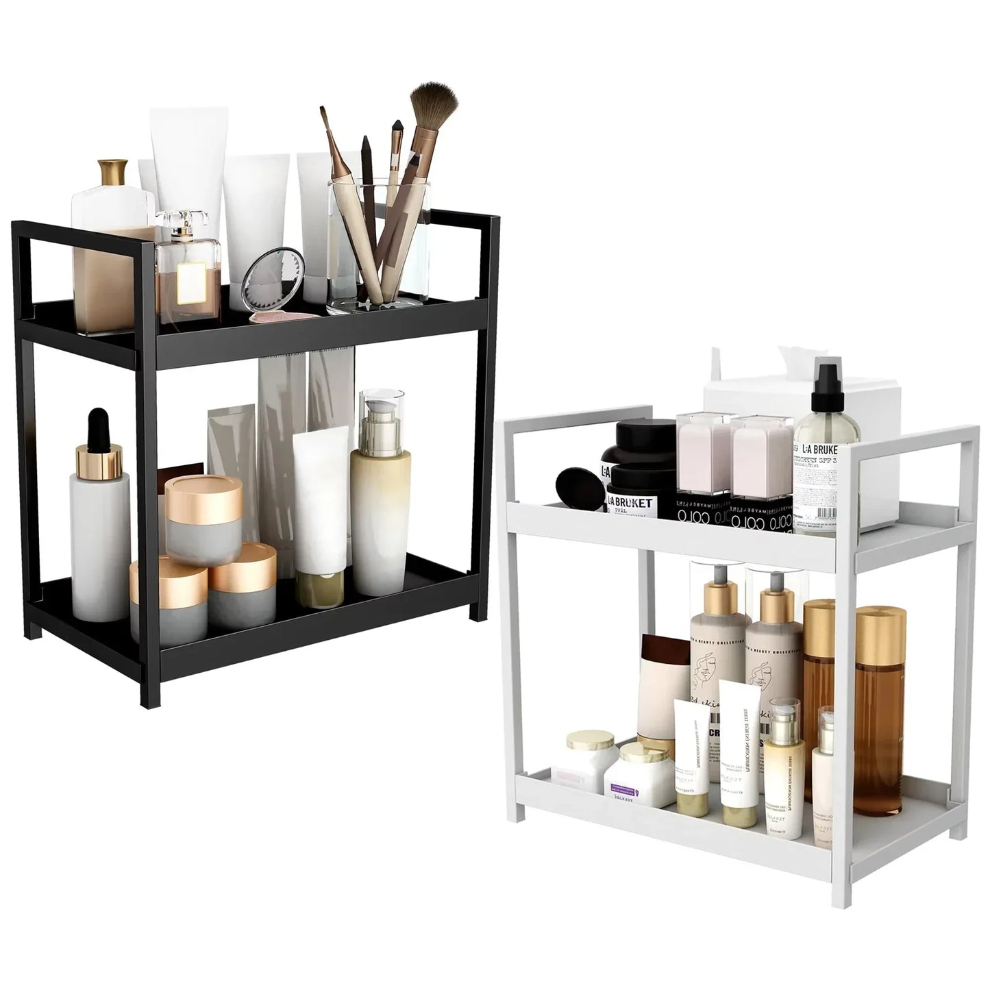 2-Tier Sliding Under Sink Organizer – Double-Layer Cabinet Basket Rack with Hooks and Hanging Cup for Kitchen or Bathroom