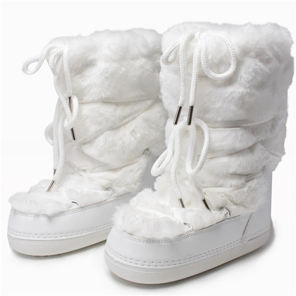 Women's Fluffy Mid-Calf Faux Fur Snow Boots – 2024 Winter Platform Lace-Up Waterproof Ski Boots