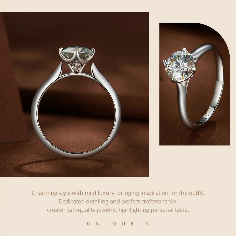 1.0CT D Color Moissanite Engagement Ring – Round Cut VVS1 Stone in 925 Sterling Silver Prong Setting