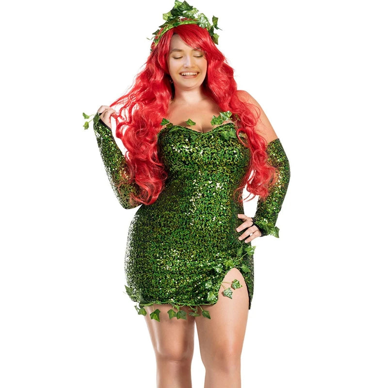 Women's Halloween Forest Fairy Elf Costume – Sequin Dress with Gloves for Cosplay and Fancy Dress Parties