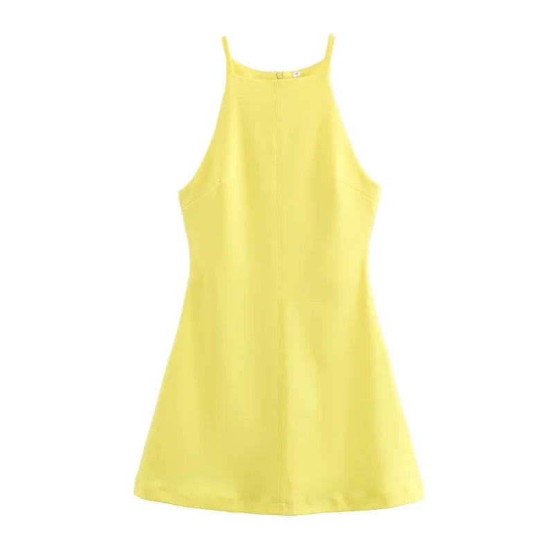 Stretch Knit Halter Mini Dress – 2024 TRAF Sleeveless A-Line Summer Fit with Interlock Neck