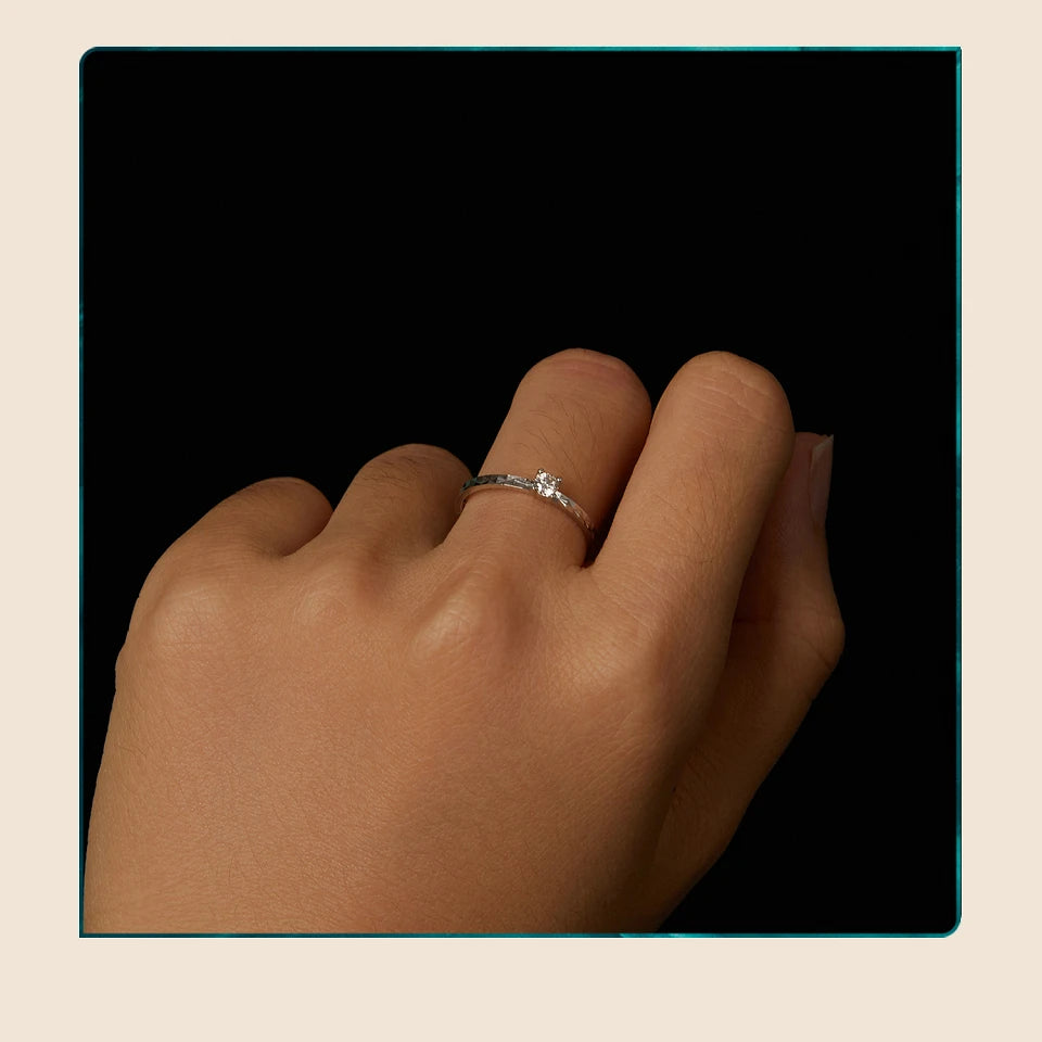 0.1 Carat Round Moissanite Engagement Ring – Prong Set Solitaire on 925 Sterling Silver with White Gold Plating for Women