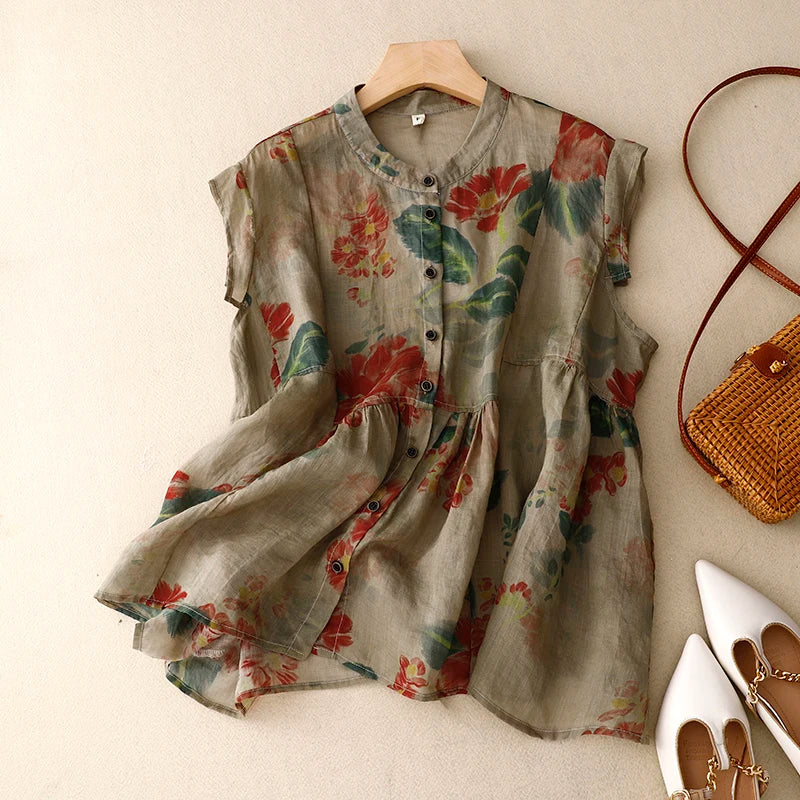 Vintage Floral Linen Blend Sleeveless Blouse – O-Neck Button-Front Spring Top for Women