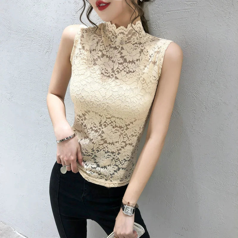 Versatile High Neck Lace Blouse – Elegant Slim Fit with Mock Neckline and Lace Trim