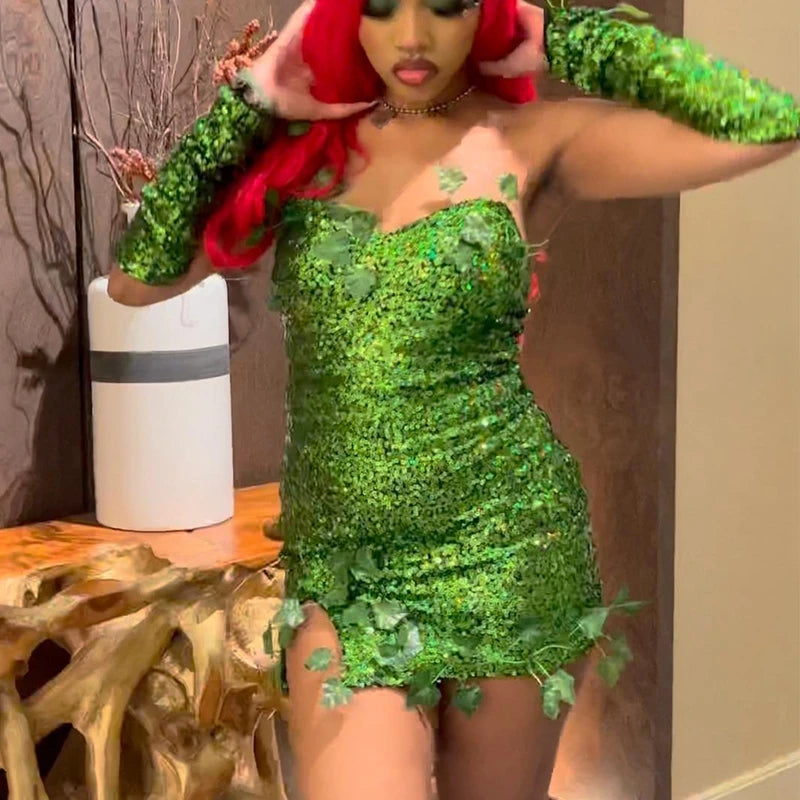 Women's Halloween Forest Fairy Elf Costume – Sequin Dress with Gloves for Cosplay and Fancy Dress Parties