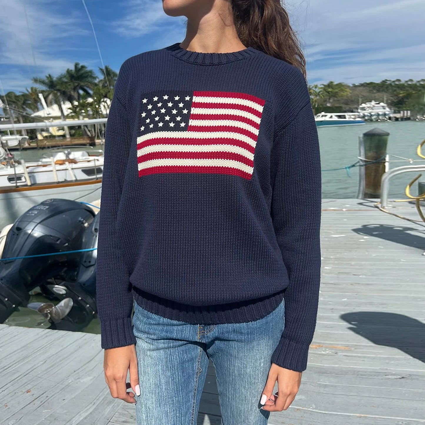 Women's American Flag Knit Sweater – Long Sleeve Crew Neck Loose Fit Pullover for Autumn Winter Casual High Street Style