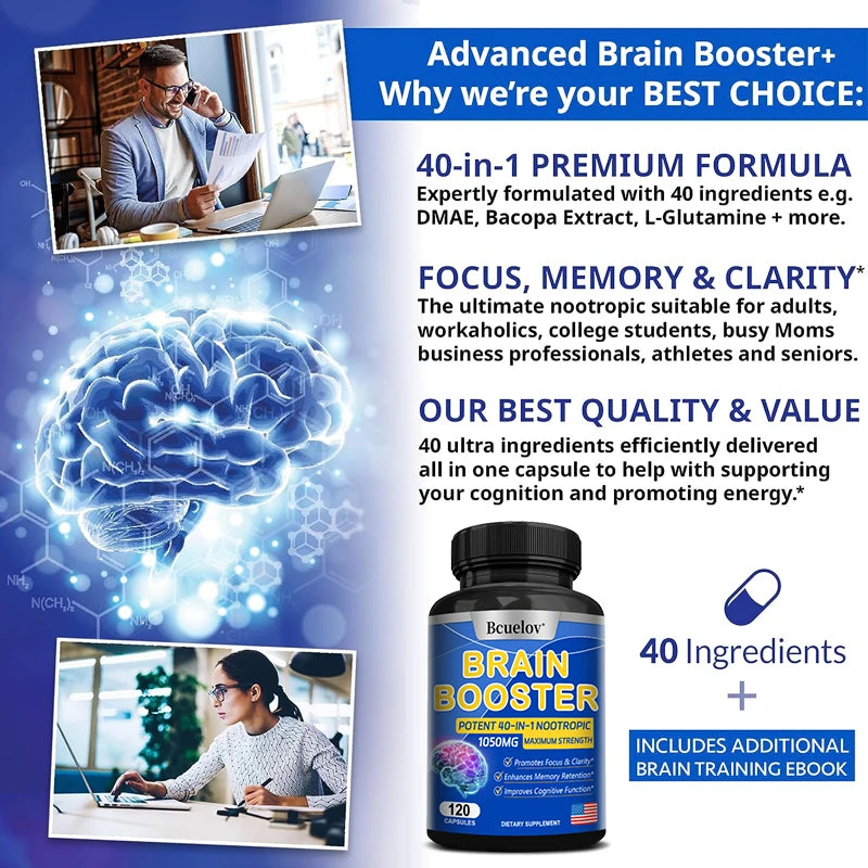 Advanced Brain Booster Supplement – Enhances Memory, Focus, and Cognitive Function – Supports Brain Development – 30/60/120 Capsules