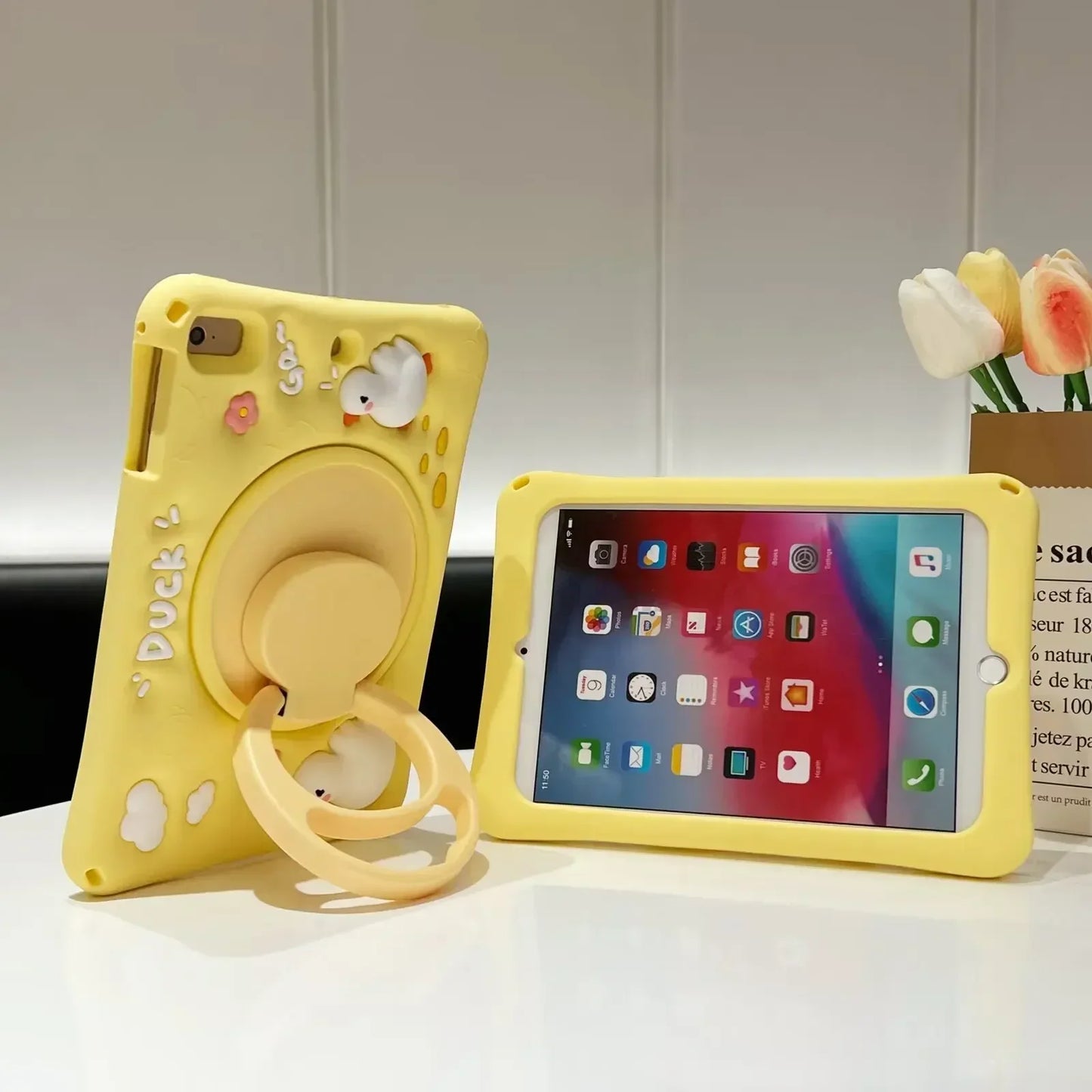 360° Rotating Duck Case for iPad 10.2, 10.5, 10.9 – Kids Cartoon Shockproof Tablet Cover with Stand for Air & Pro Models