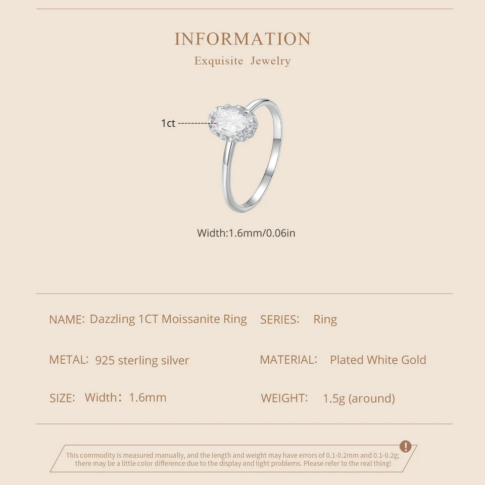 1 Carat Oval Moissanite Engagement Ring – Solitaire Promise Ring with 925 Sterling Silver and White Gold Plating for Women