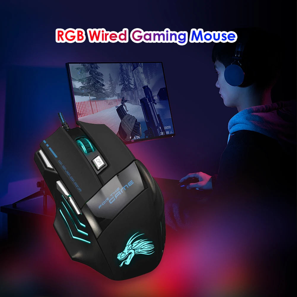 USB Wired Gaming Mouse – 7-Button Ergonomic Optical Mouse with Adjustable 5500 DPI and Backlit Design for PC Desktop Computer Gamers