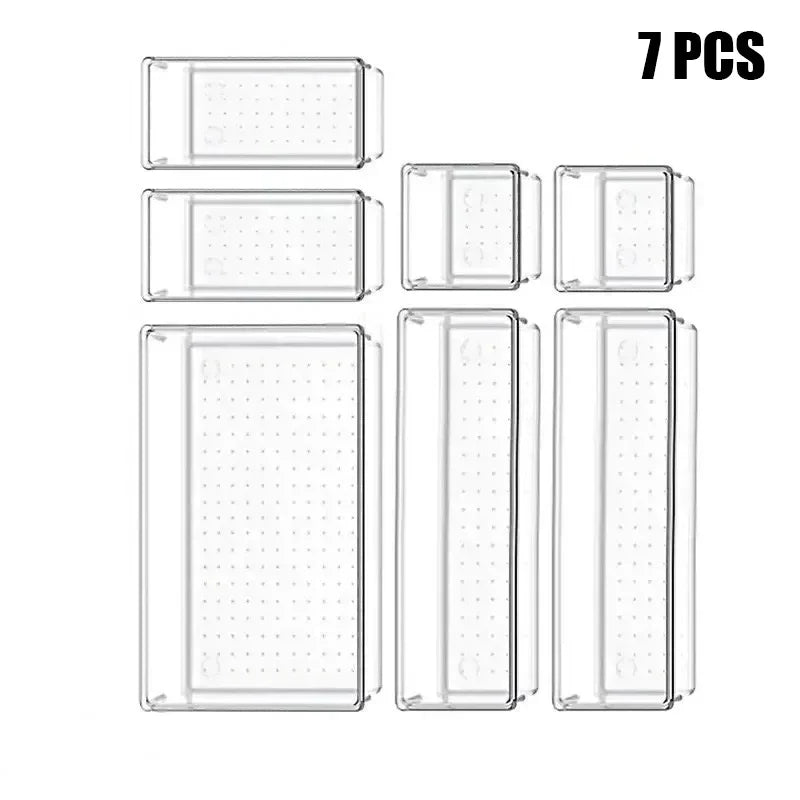 Clear Drawer Organizer Set – 7/14-Piece Plastic Tray Dividers in 4 Sizes for Makeup, Kitchen & Office Storage