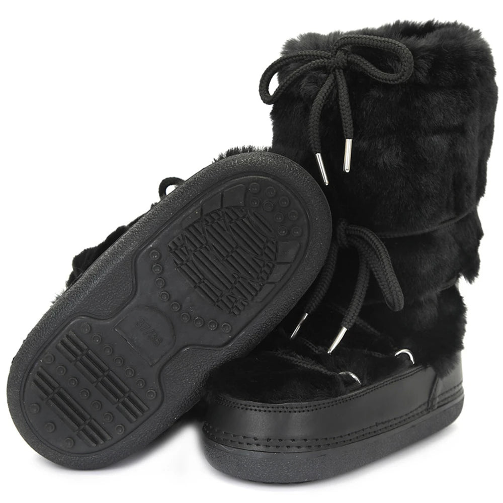 Women's Fluffy Mid-Calf Faux Fur Snow Boots – 2024 Winter Platform Lace-Up Waterproof Ski Boots