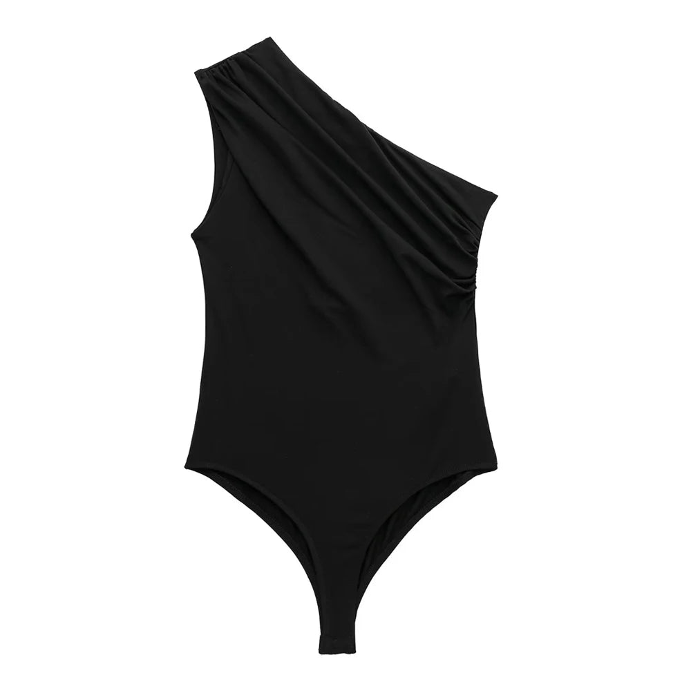 Asymmetric One-Shoulder Bodysuit with Ruched Detail and Snap Closure – Sexy Wide-Strap Clubwear for Women
