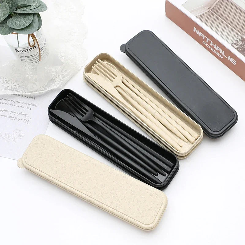 4PCS Portable Wheat Straw Cutlery Set – Spoon, Fork, Chopsticks with Storage Box for Travel & Daily Use