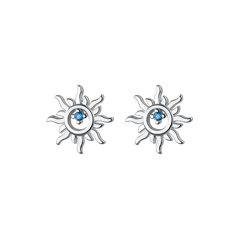 925 Sterling Silver Elegant Blue Zircon Sunburst Stud Earrings for Women – Dainty Crystal Star Earrings for Piercing, Party, and Everyday Wear