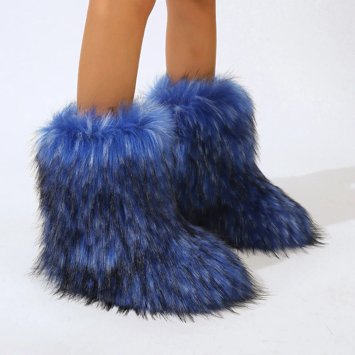 Women's Faux Fur Winter Snow Boots – Mid-Calf Plush Furry Slip-On Boots with Warm Lining and Rubber Sole