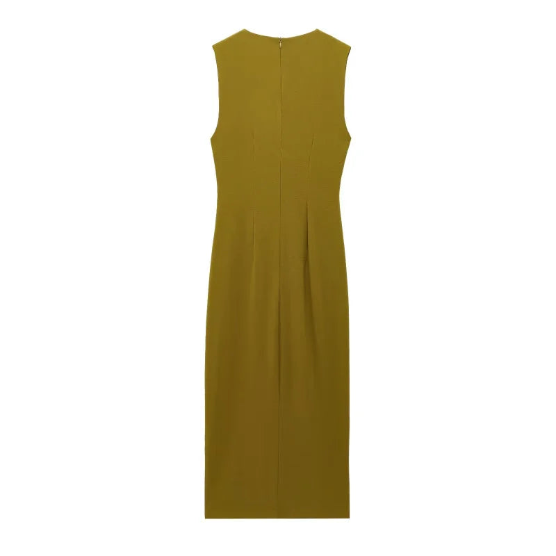 Women's Elegant Pleated Sleeveless Midi Dress – Round Neck Slit Dress with Sequins for All Seasons