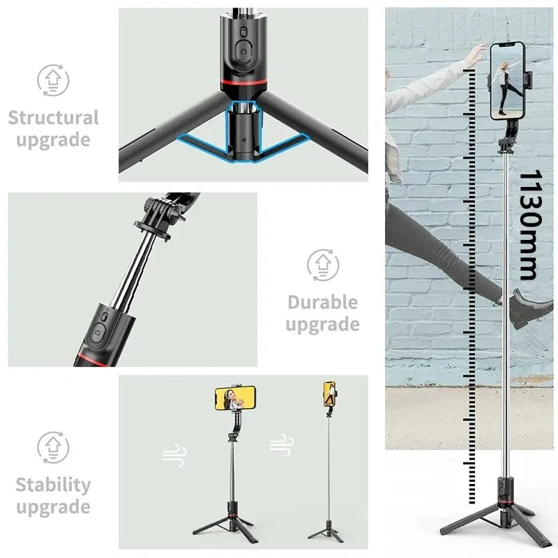 Wireless Bluetooth Selfie Stick Tripod for Smartphones – 44-Inch Foldable Stand with Remote Control for Vlogging, Photos, and Video Recording