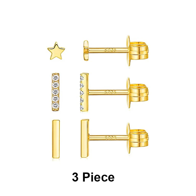 925 Sterling Silver 3-Piece Stud Earrings Set for Women – 18K Gold-Plated, Irregular Mini Design Fine Jewelry