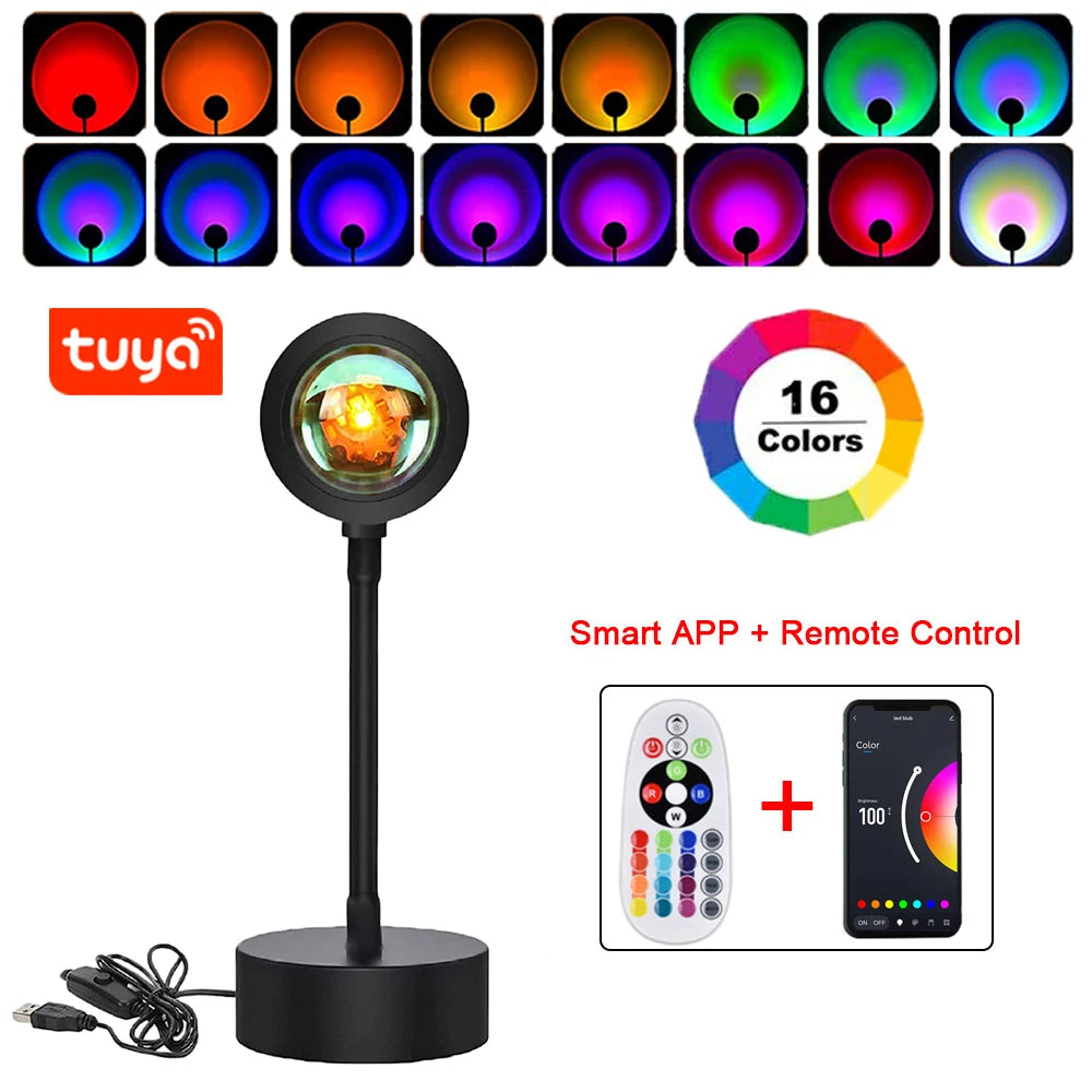 Smart LED Sunset Projection Light – Tuya App & Remote Control, USB 5V Bluetooth Night Lamp for Room Decor & Photography