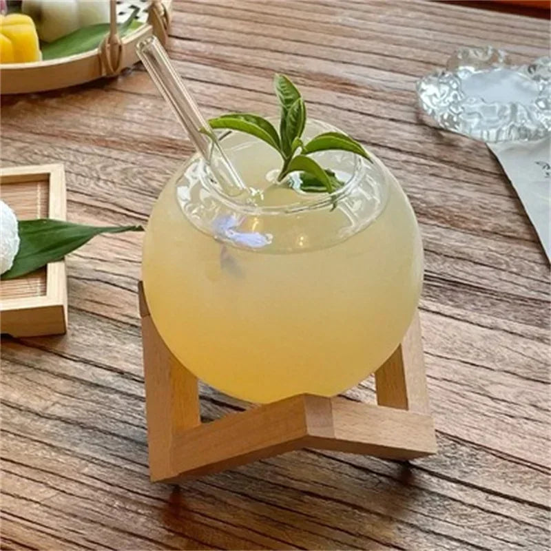 475ml Round Ball Cocktail Glass with Wooden Stand and Straw – Transparent Moon Ball Juice Cup for Holidays, Beach & Parties