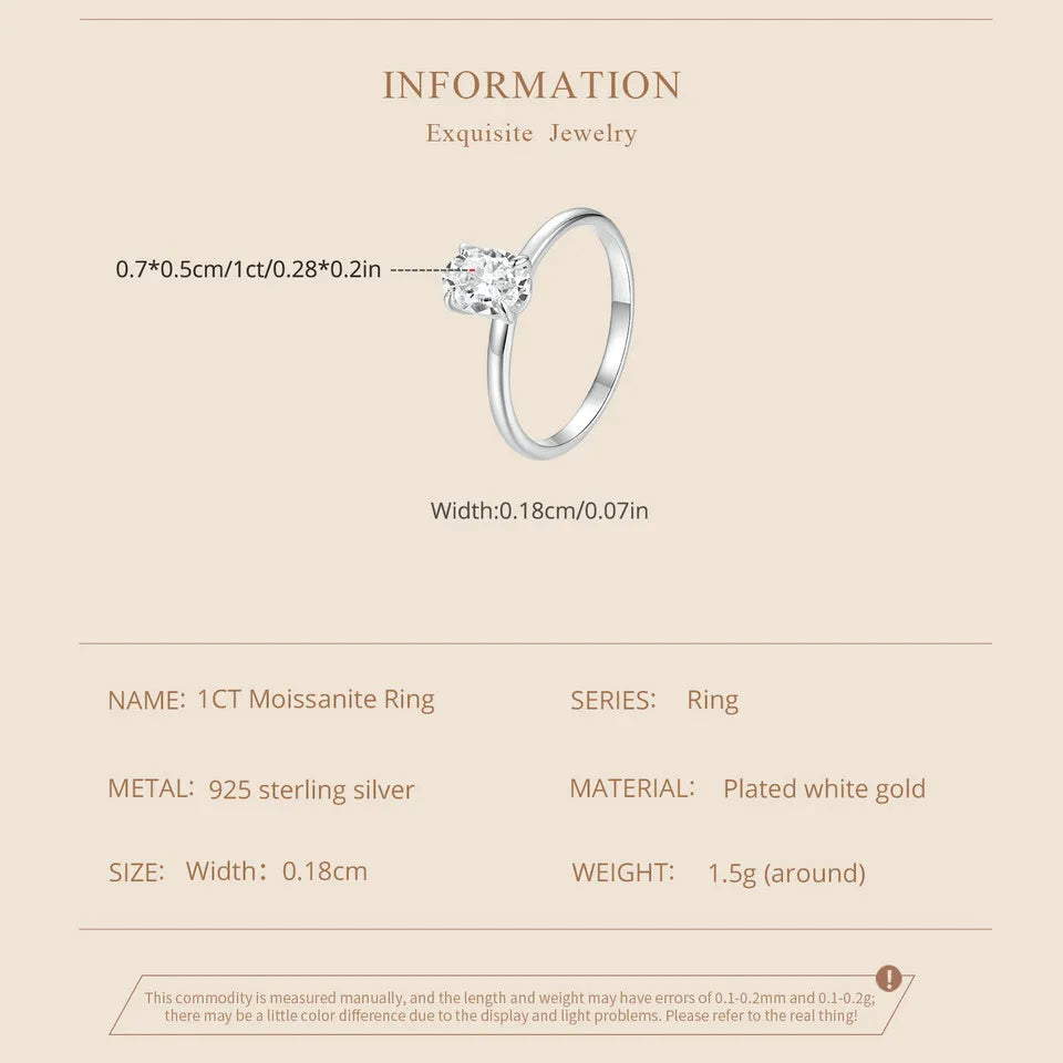 1 Carat Oval Moissanite Solitaire Ring – D Color VVS1 Stone on 925 Sterling Silver with 18K White Gold Plating for Women