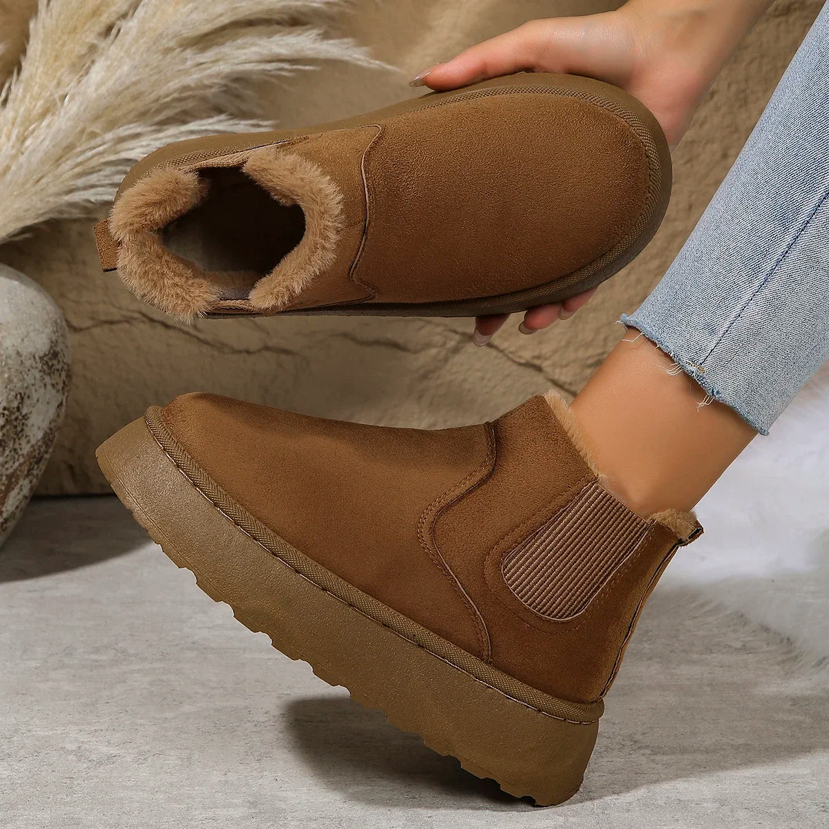 Winter Plush-Lined High-Top Ankle Snow Boots for Women – Warm, Comfortable, and Slip-On Design