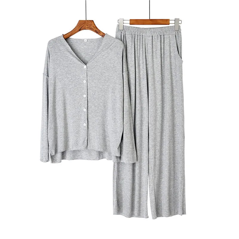 Women's 2-Piece Knit Pajama Set – Long Sleeve V-Neck Cardigan and Pants Loungewear for Winter and Spring Comfort
