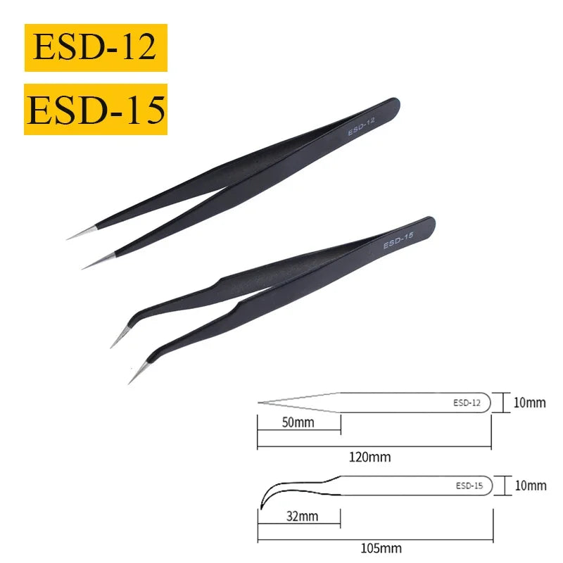 2/6PCS Anti-Static Precision Tweezers Set – Stainless Steel ESD Tweezers for Electronics, Soldering, Crafting, and Jewelry Repair