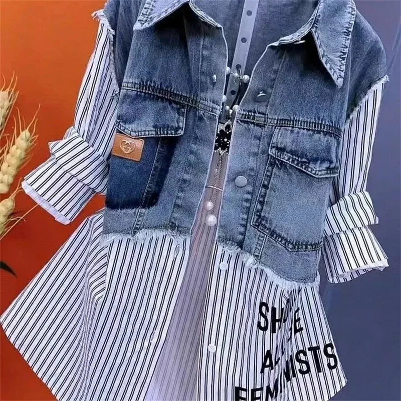 Women's Fake Two-Piece Denim Shirt Jacket – Casual Striped Patchwork Button Down Top with Short Sleeves