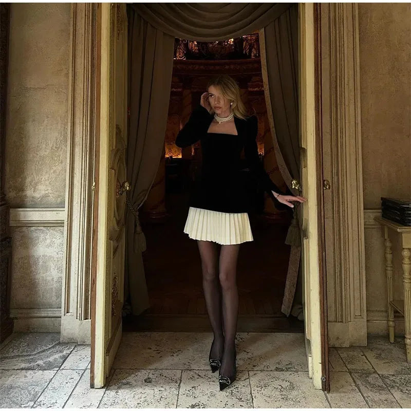 Velvet Spliced Mini Dress – Square Neck Long Sleeve High Waist Elegant A-Line Party Dress for Women Autumn Winter
