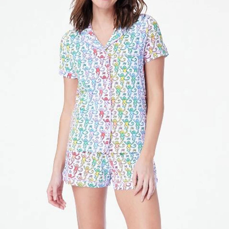 Women's Rainbow Monkey Print Pajama Set – Y2K Short Sleeve Button-Up Shirt and Shorts Lounge Sleepwear for Summer