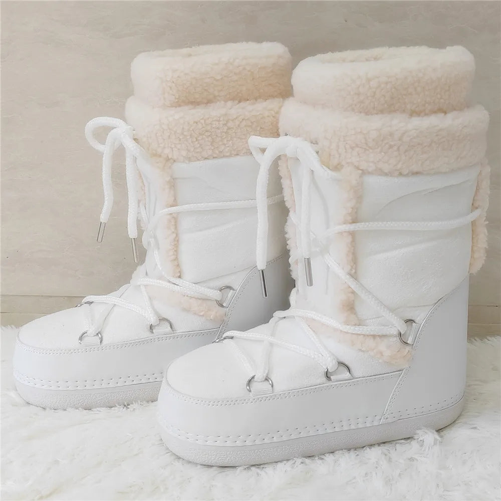 Women's Fluffy Mid-Calf Faux Fur Snow Boots – 2024 Winter Platform Lace-Up Waterproof Ski Boots