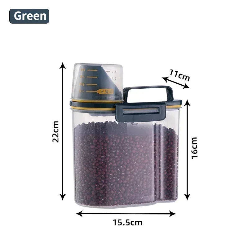 1.5kg / 2kg Food Storage Bucket with Scale Cup – Portable Moistureproof Kitchen Container for Dry Goods