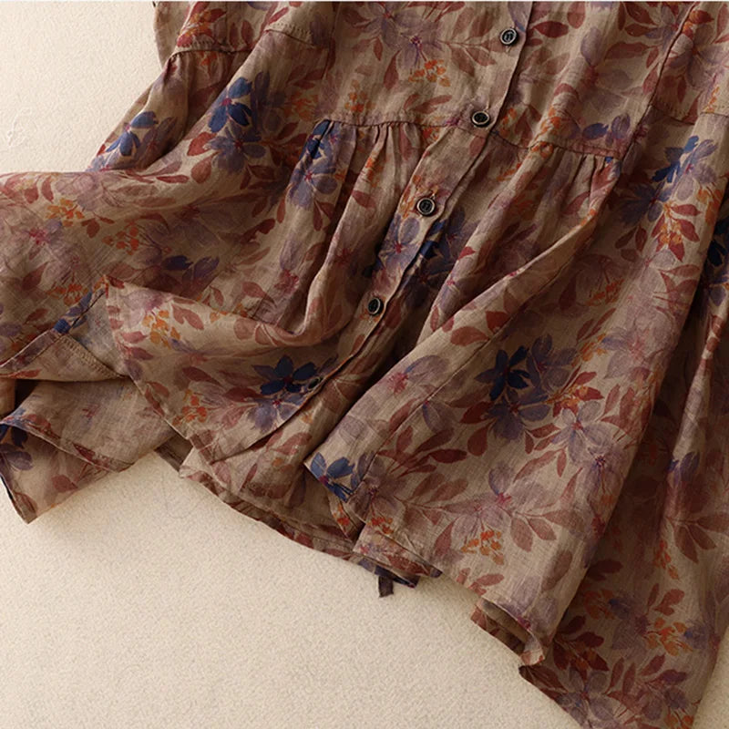 Vintage Floral Linen Blend Sleeveless Blouse – O-Neck Button-Front Spring Top for Women