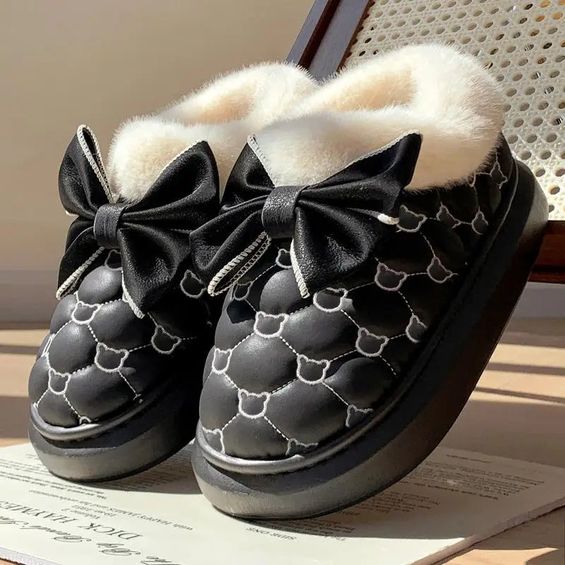 Women's Platform Snow Booties – Cute Bowknot Indoor Winter Slippers with Plush Lining and Flat Sole