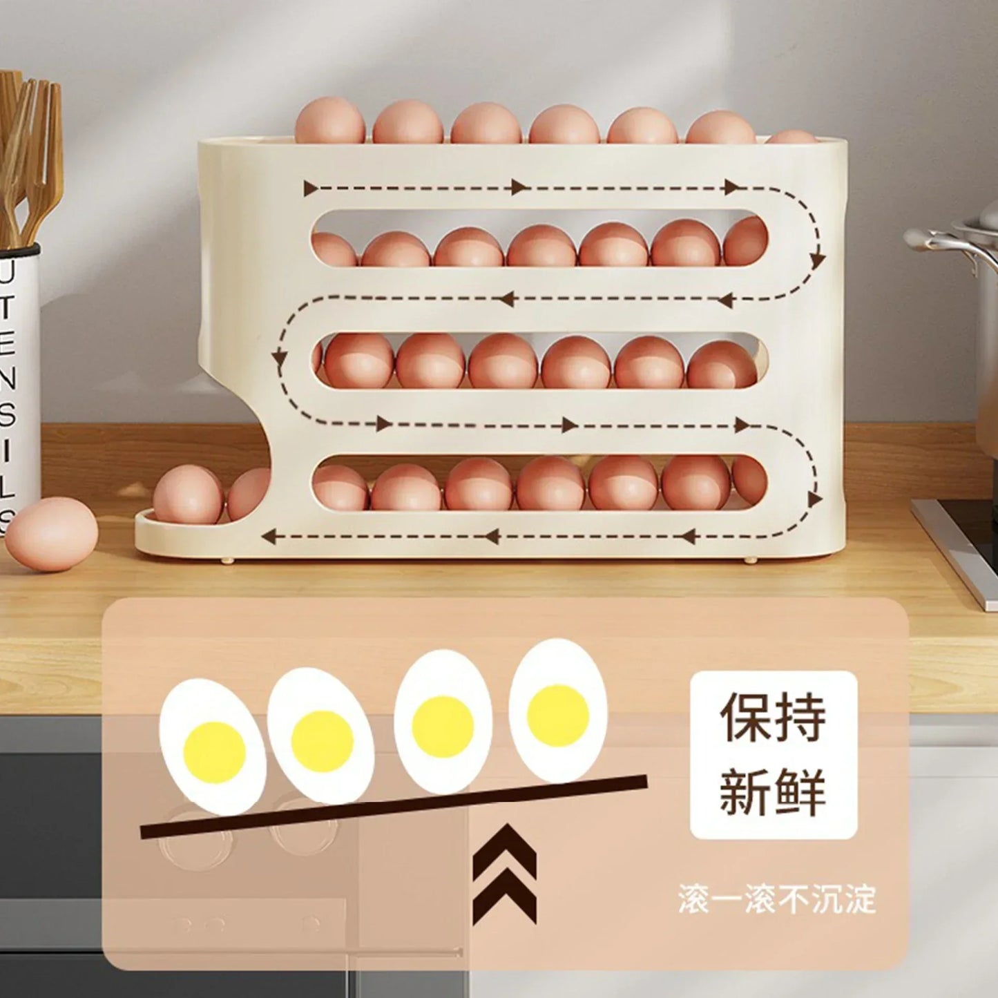 2–4-Layer Sliding Egg Storage Box – Ladder Style Refrigerator Organizer with Automatic Rolling Design
