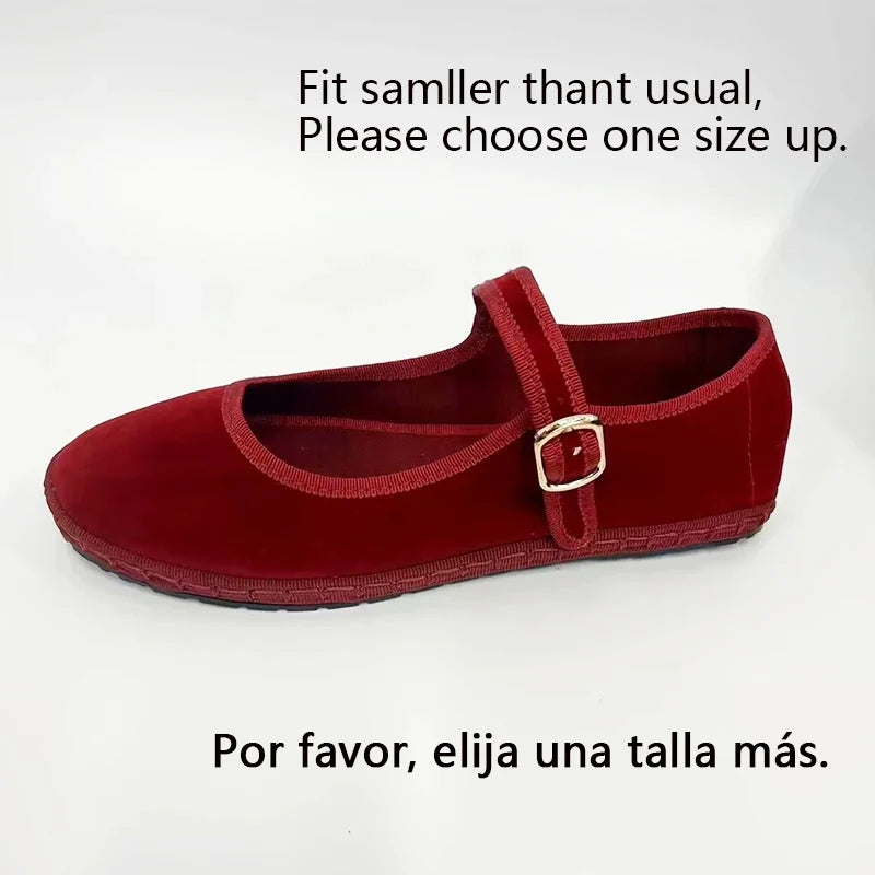 Velvet Canvas Mary Jane Flats – Hand-Stitched Casual Ballet Shoes for Women