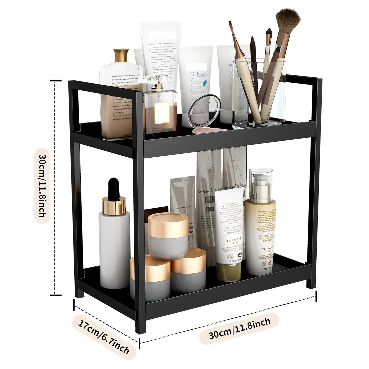 2-Tier Sliding Under Sink Organizer – Double-Layer Cabinet Basket Rack with Hooks and Hanging Cup for Kitchen or Bathroom